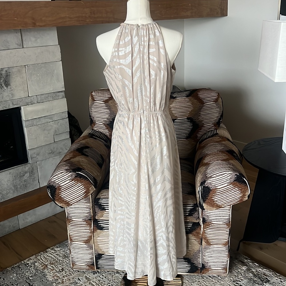 WHBM Metallic Zebra Biscotti Print Hi Lo Midi Dress